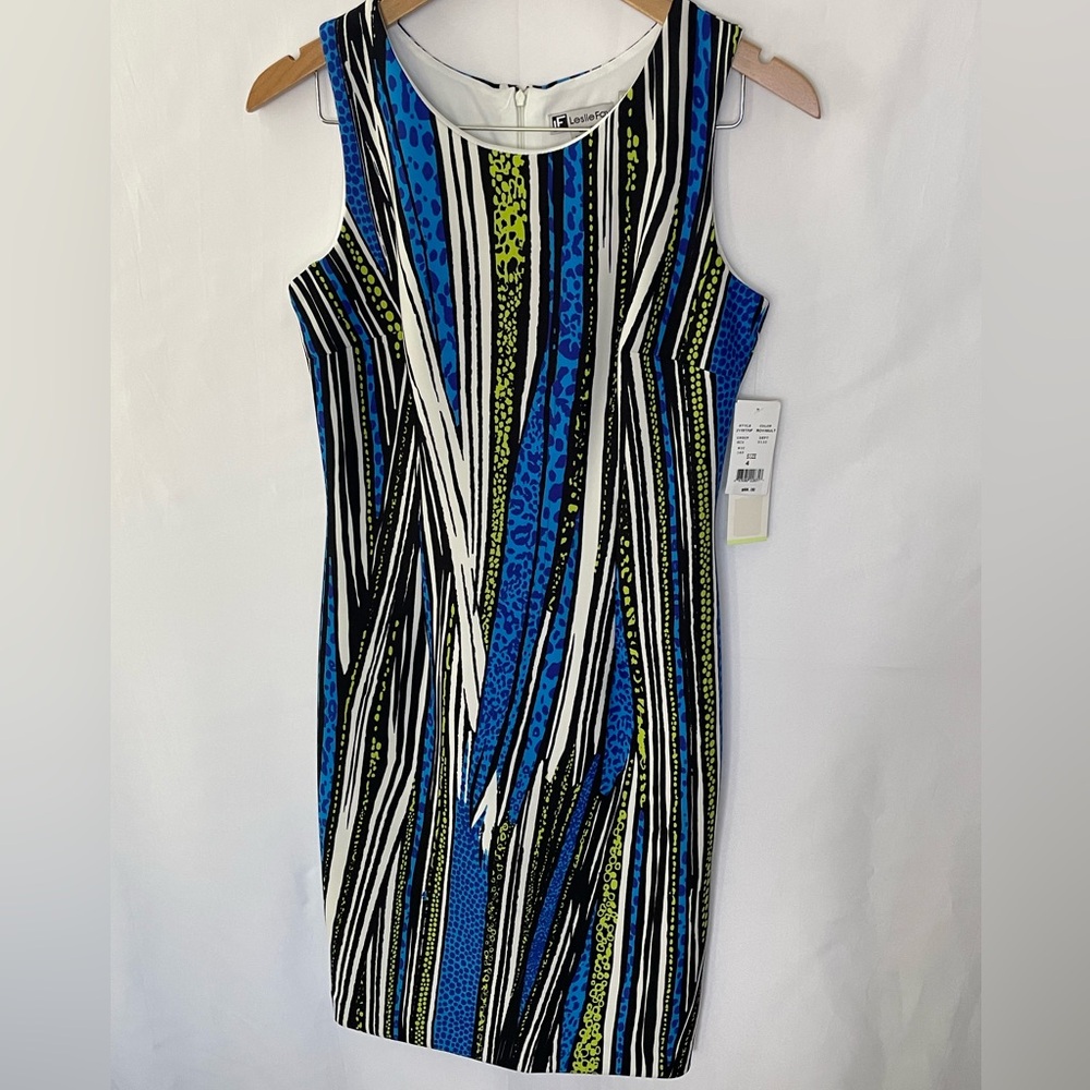 Leslie Fay Blue and Green Patterned Midi Dress New with tags MSRP $88